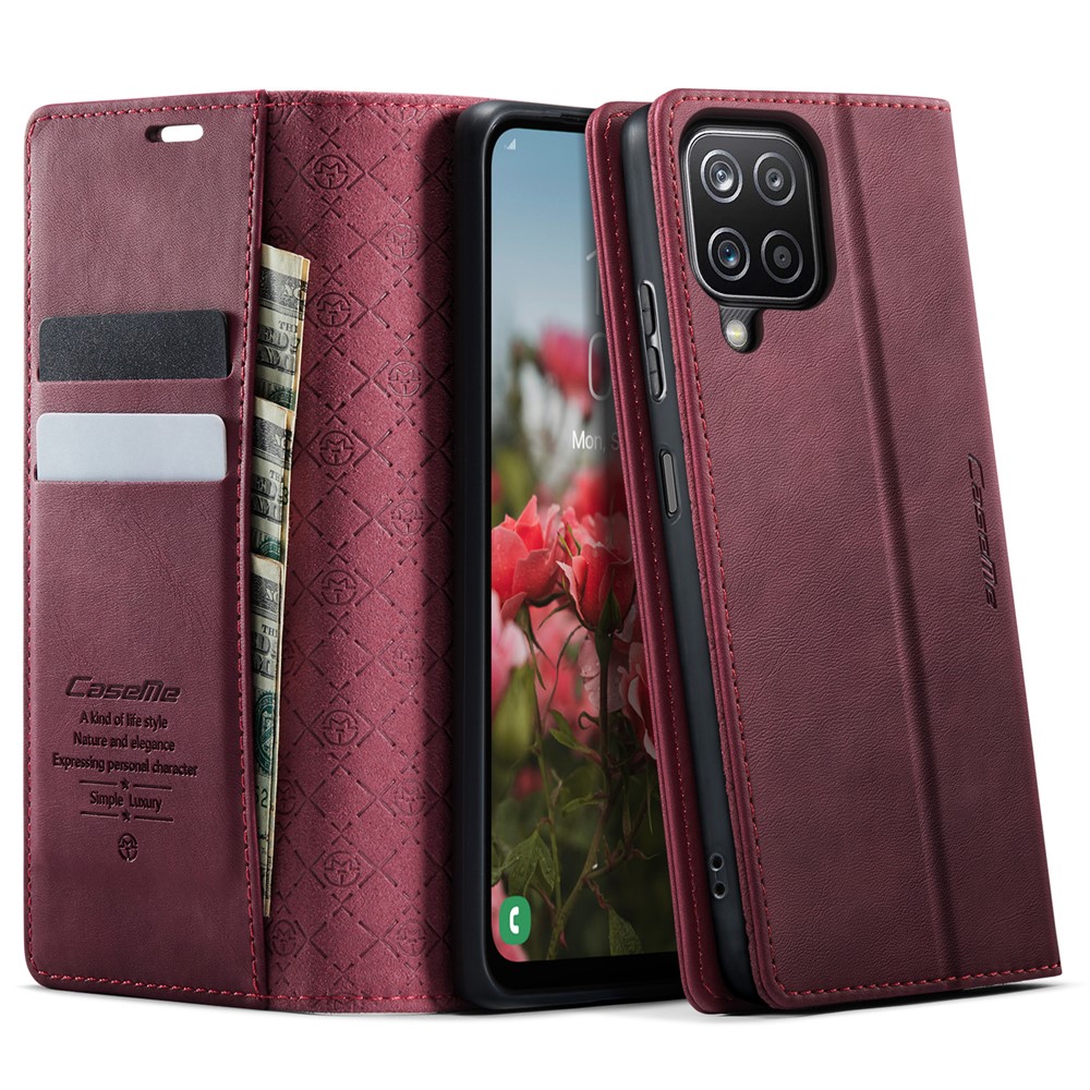 CASEME For Samsung Galaxy A12 Case 033 Series RFID Blocking Wallet Stand Calf Texture Leather Phone Cover - Red