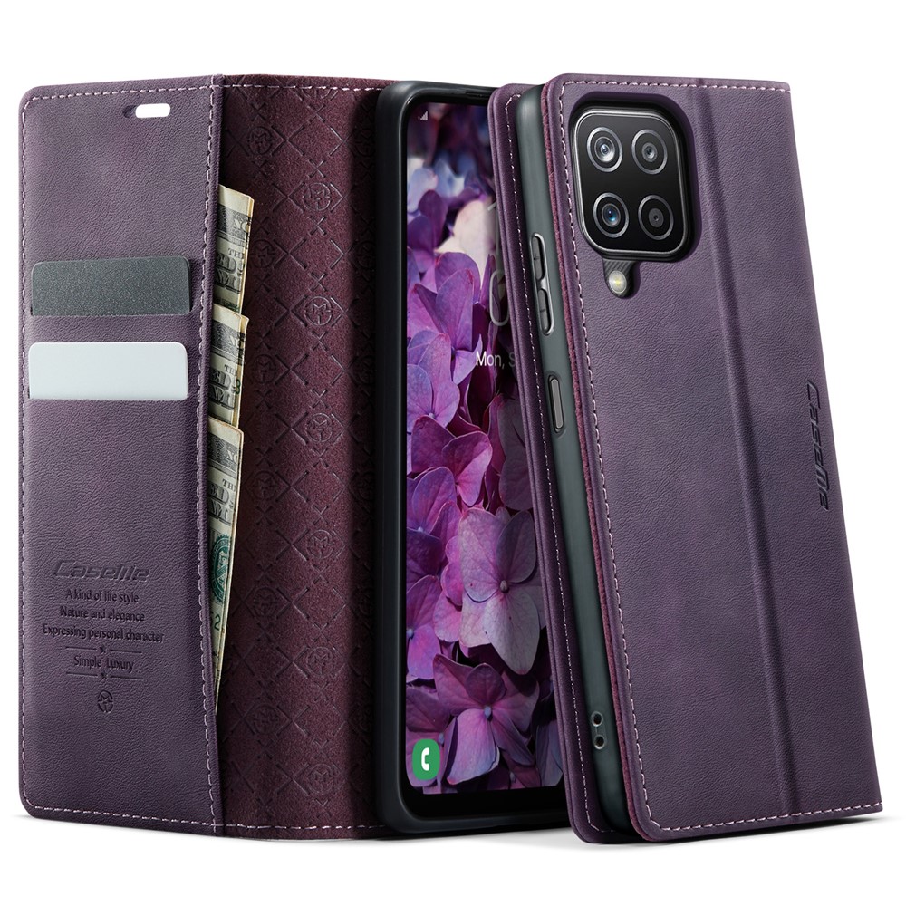CASEME For Samsung Galaxy A12 Case  033 Series RFID Blocking Wallet Stand Calf Texture Leather Phone Cover - Purple