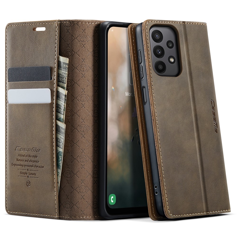 CASEME For Samsung Galaxy M23 5G / Galaxy A23 4G Case 033 Series RFID Blocking Wallet Stand Calf Texture Leather Phone Cover - Coffee