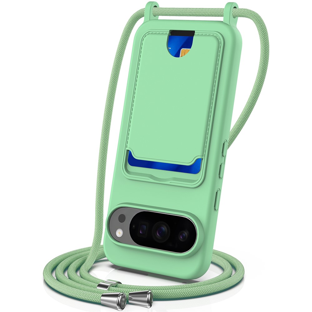 For Google Pixel 10 Pro XL Case Liquid Silicone Card Holder Back Phone Cover with Lanyard - Green