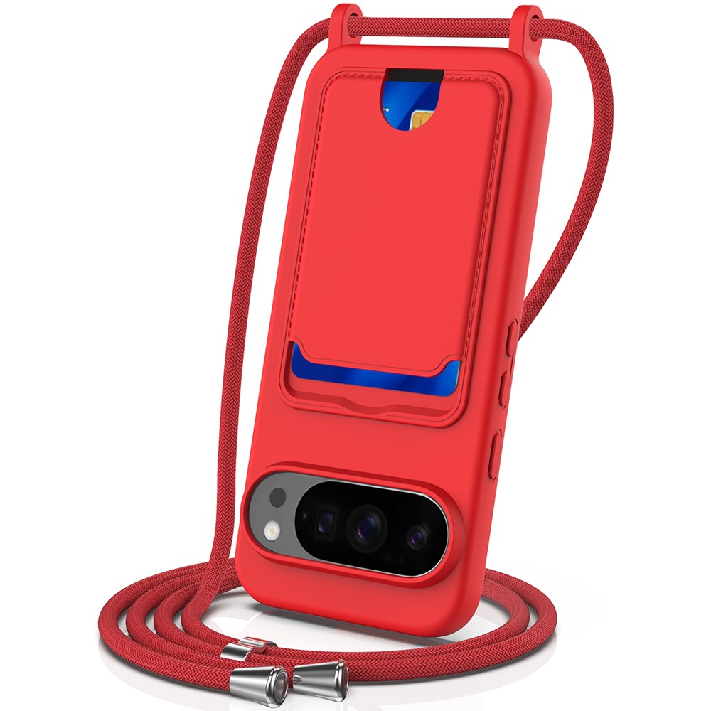 For Google Pixel 10 Pro Case Liquid Silicone Card Holder Back Phone Cover with Lanyard - Red