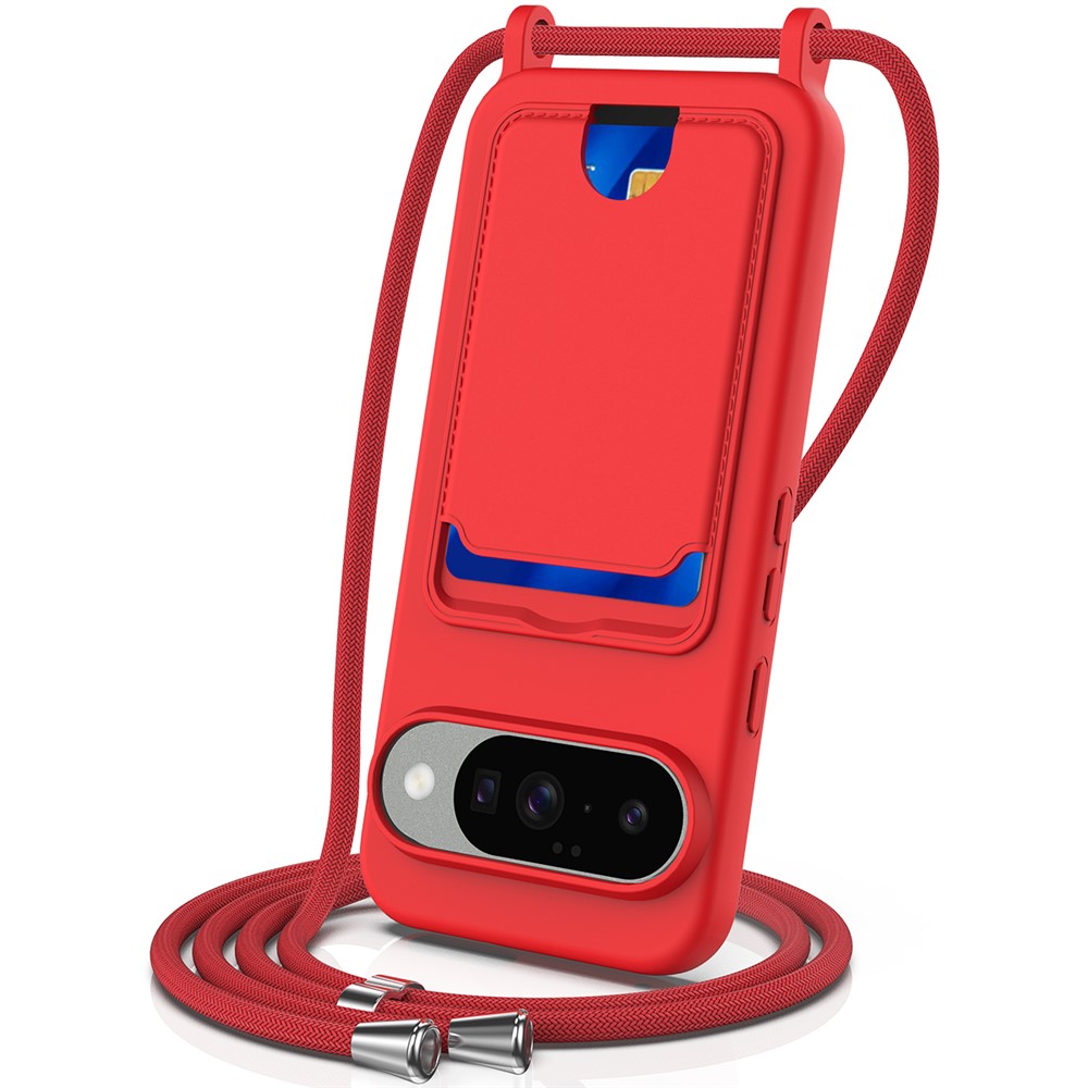 For Google Pixel 10 Case Liquid Silicone Card Holder Back Phone Cover with Lanyard - Red