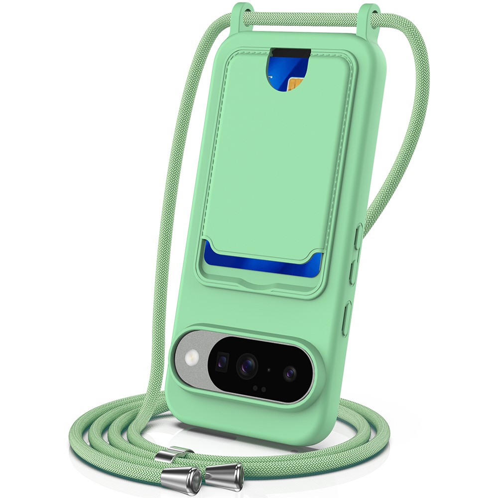 For Google Pixel 10 Case Liquid Silicone Card Holder Back Phone Cover with Lanyard - Green