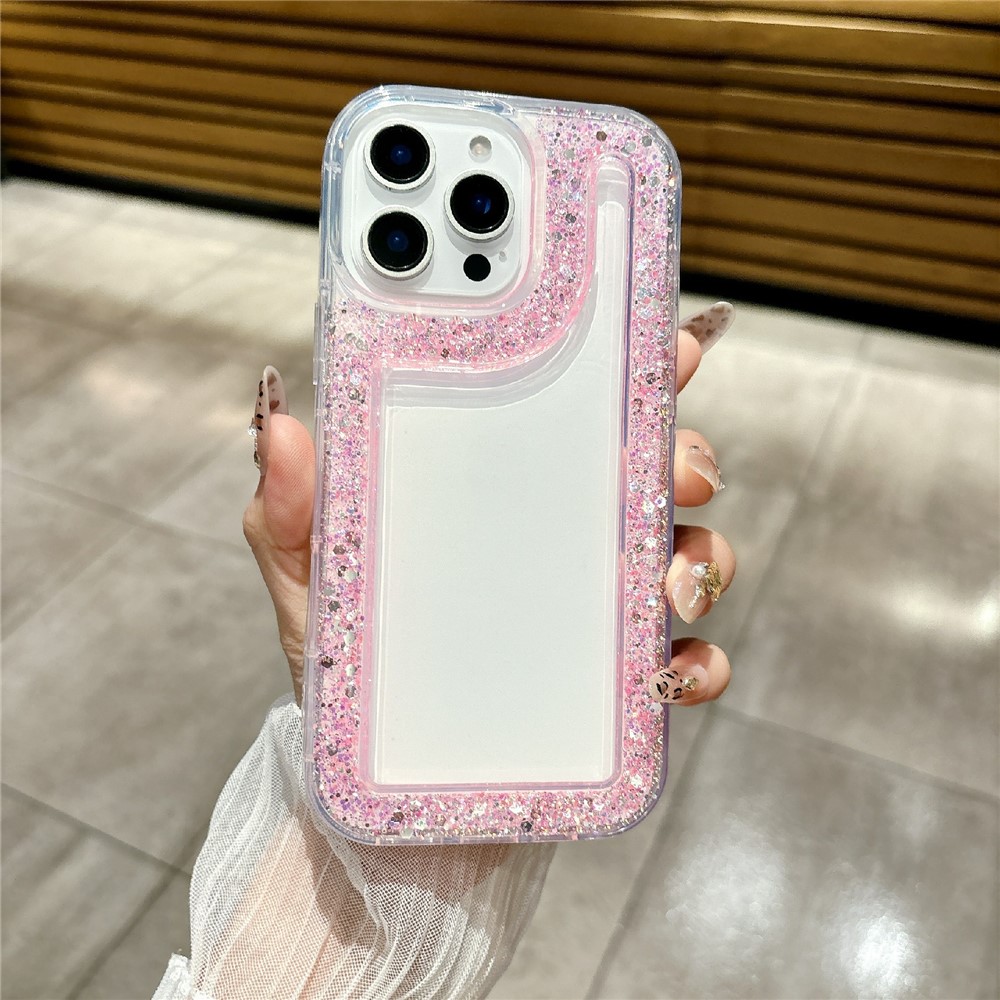 For iPhone 16 Pro Max Case Glitter Rhinestone Epoxy Design TPU Shockproof Phone Cover - Pink
