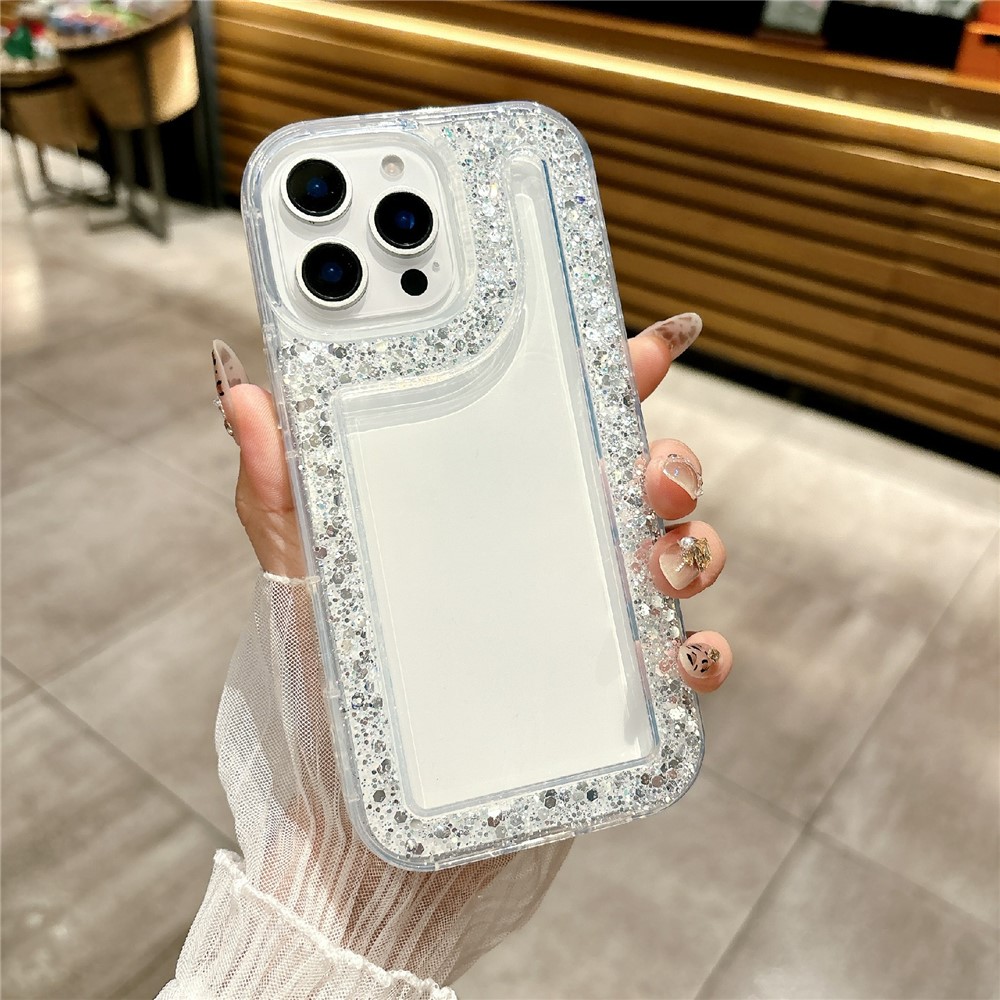For iPhone 16 Pro Max Case Glitter Rhinestone Epoxy Design TPU Shockproof Phone Cover - White