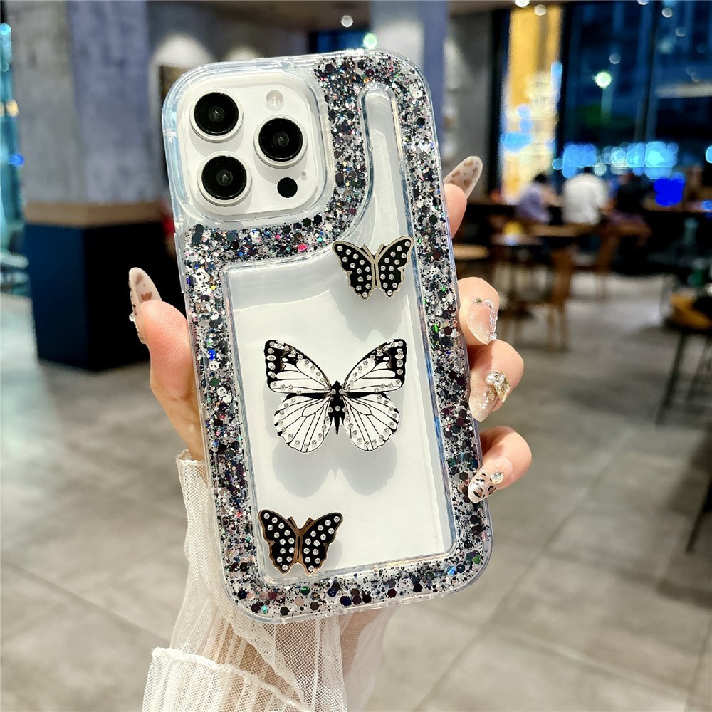 For iPhone 16 Pro Max Case with 3 Butterflies Decor Glitter Rhinestone Epoxy Design TPU Phone Cover - Black