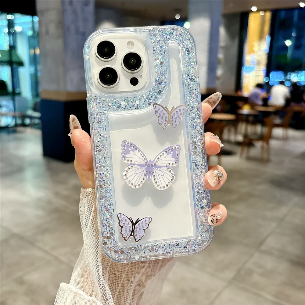 For iPhone 16 Pro Max Case with 3 Butterflies Decor Glitter Rhinestone Epoxy Design TPU Phone Cover - Purple