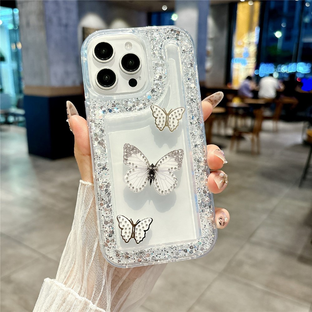 For iPhone 16 Pro Max Case with 3 Butterflies Decor Glitter Rhinestone Epoxy Design TPU Phone Cover - White