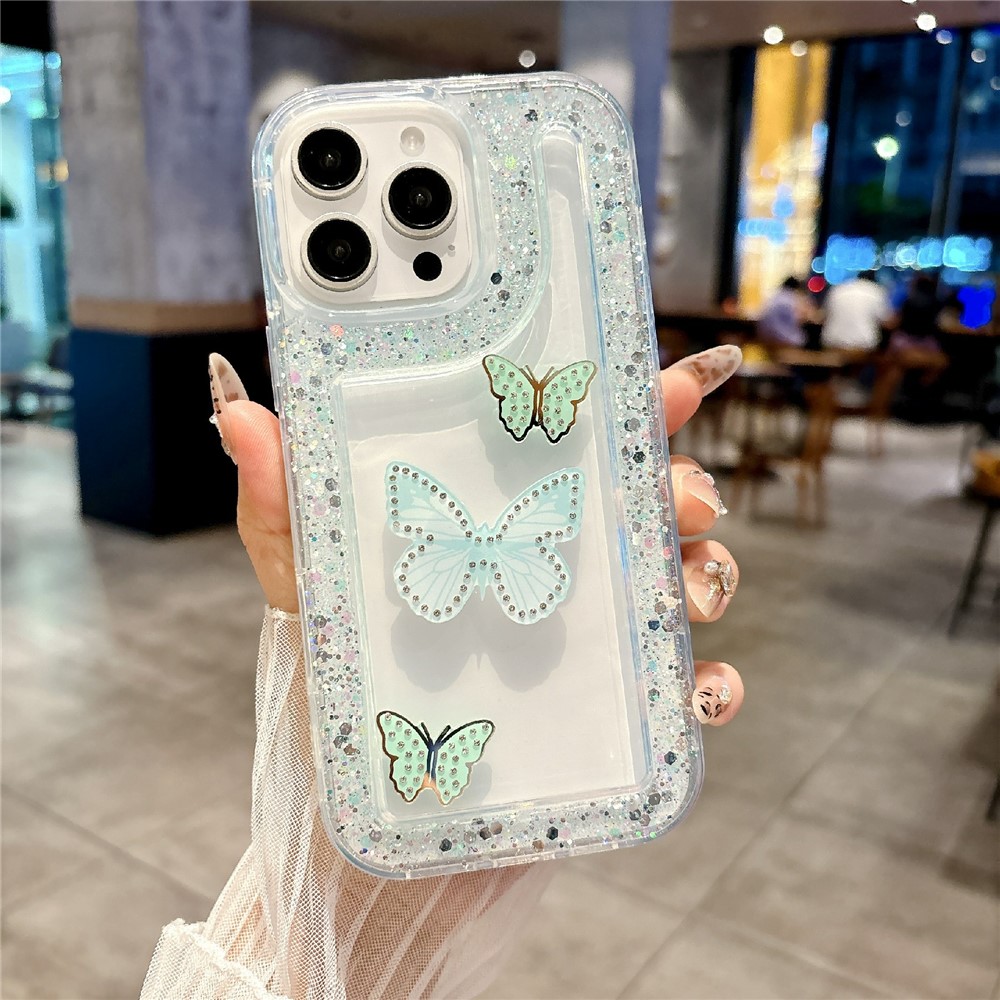 For iPhone 16 Pro Max Case with 3 Butterflies Decor Glitter Rhinestone Epoxy Design TPU Phone Cover - Green