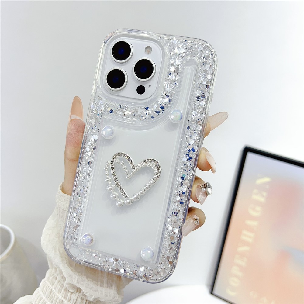For iPhone 16 Pro Max Case with Pearl / Dual Heart Decor Glitter Rhinestone Epoxy Design TPU Phone Cover - White