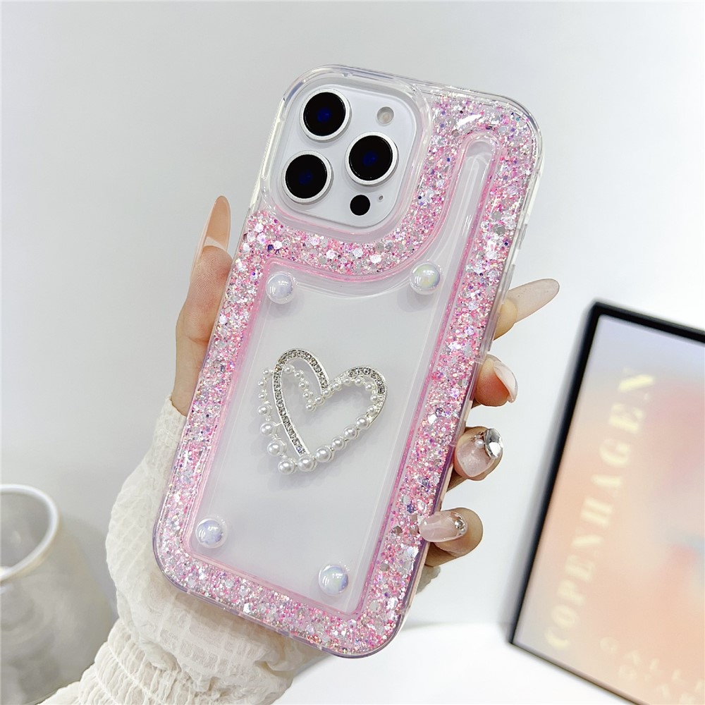 For iPhone 16 Pro Max Case with Pearl / Dual Heart Decor Glitter Rhinestone Epoxy Design TPU Phone Cover - Pink