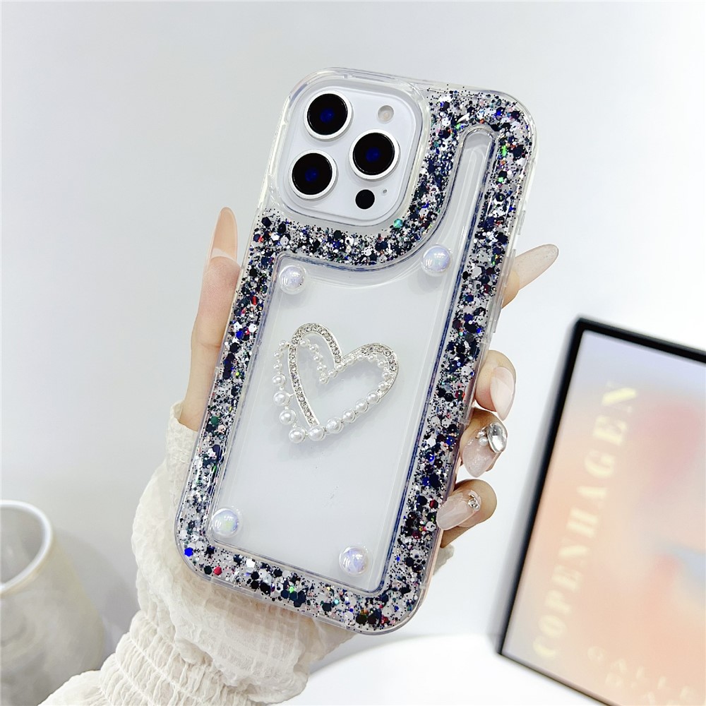 For iPhone 16 Pro Max Case with Pearl / Dual Heart Decor Glitter Rhinestone Epoxy Design TPU Phone Cover - Black