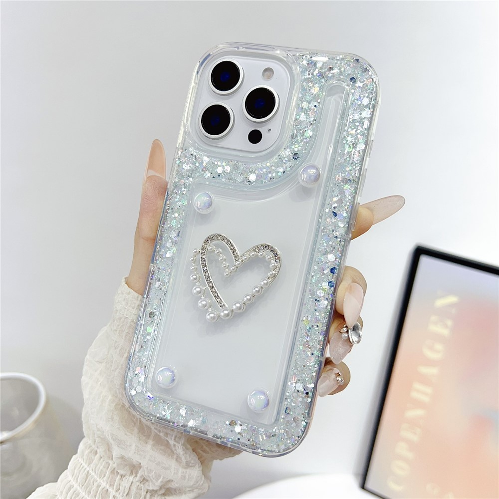 For iPhone 16 Pro Max Case with Pearl / Dual Heart Decor Glitter Rhinestone Epoxy Design TPU Phone Cover - Green