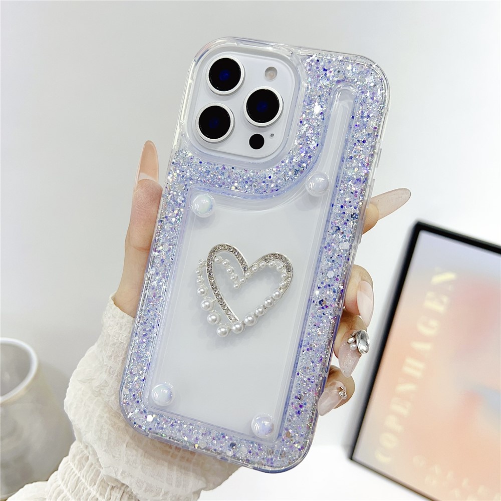 For iPhone 16 Pro Max Case with Pearl / Dual Heart Decor Glitter Rhinestone Epoxy Design TPU Phone Cover - Purple