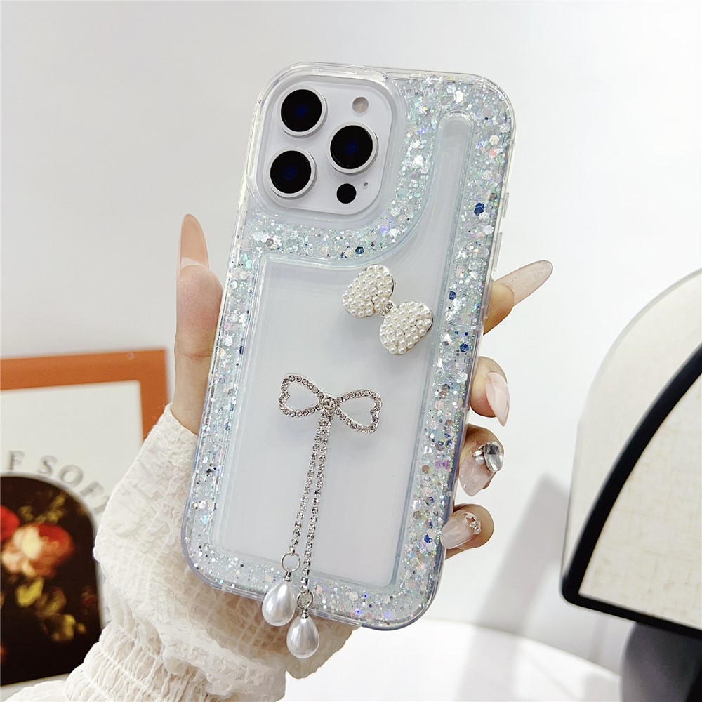 For iPhone 16 Pro Max Case with Bow Decor Glitter Rhinestone Epoxy Design TPU Phone Cover - Green