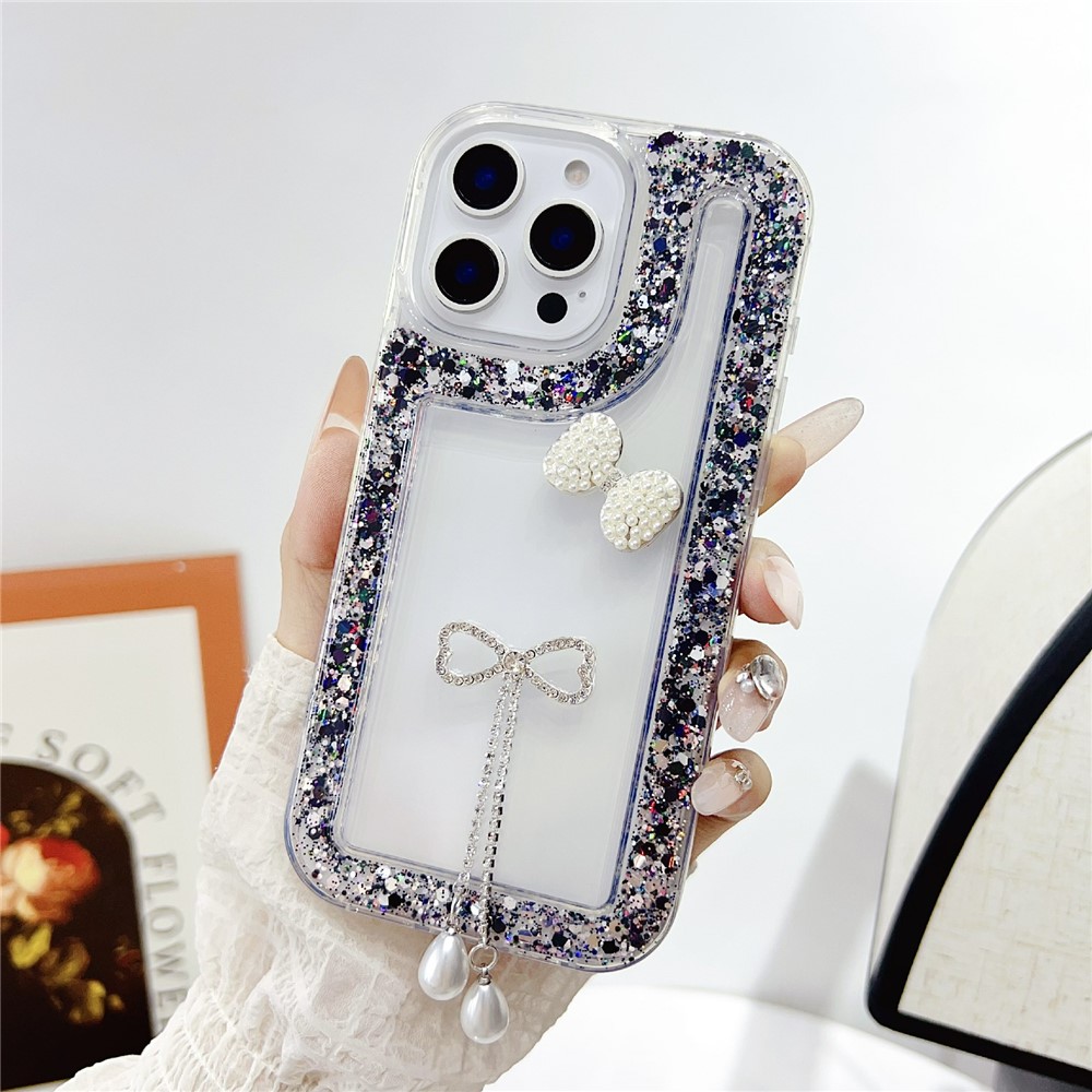 For iPhone 16 Pro Max Case with Bow Decor Glitter Rhinestone Epoxy Design TPU Phone Cover - Black
