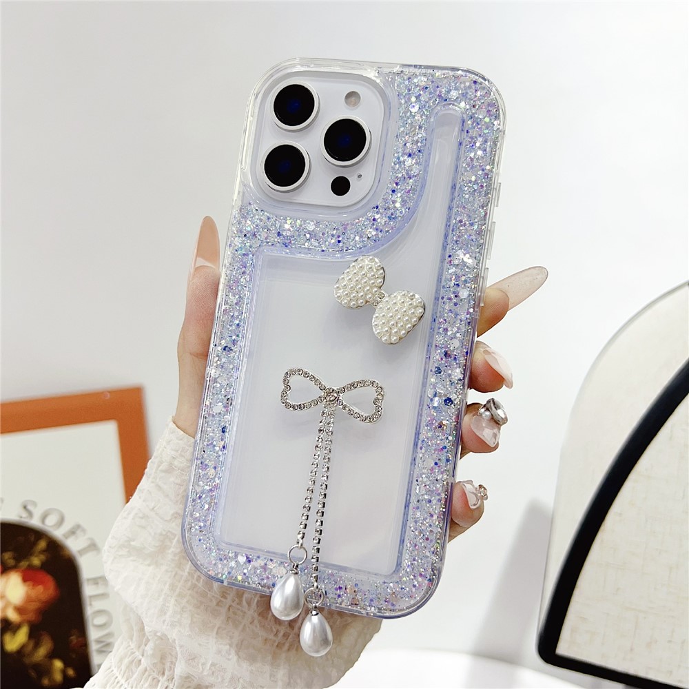 For iPhone 16 Pro Max Case with Bow Decor Glitter Rhinestone Epoxy Design TPU Phone Cover - Purple