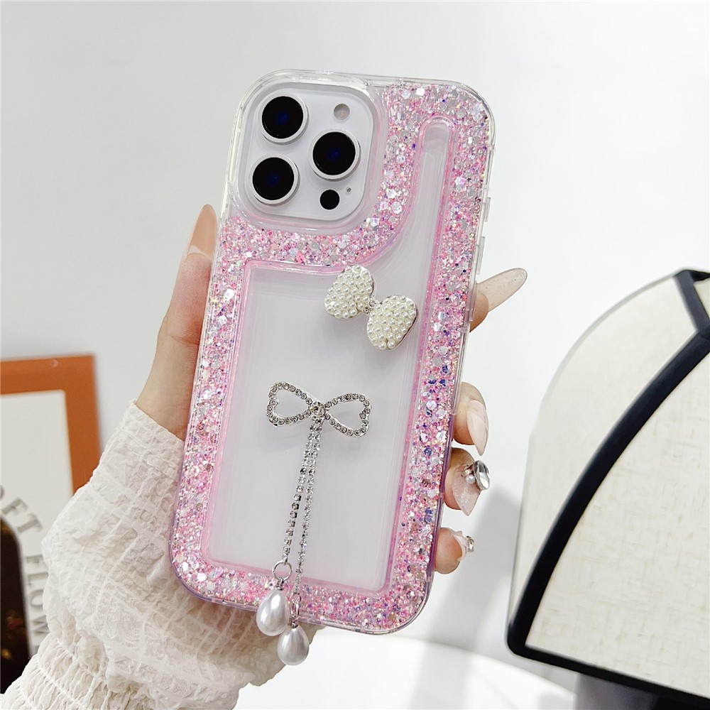 For iPhone 16 Pro Max Case with Bow Decor Glitter Rhinestone Epoxy Design TPU Phone Cover - Pink
