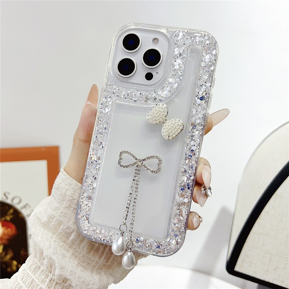 For iPhone 16 Pro Max Case with Bow Decor Glitter Rhinestone Epoxy Design TPU Phone Cover - White