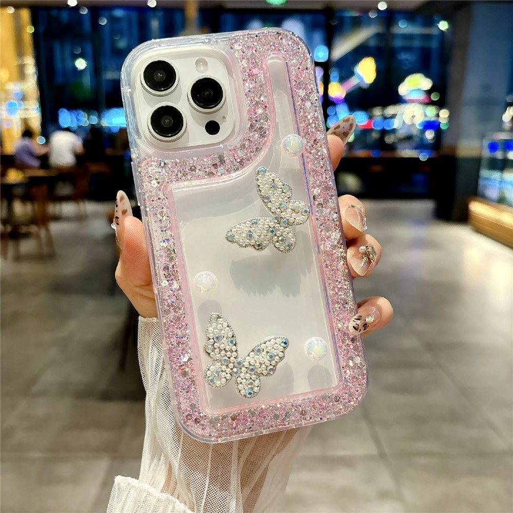 For iPhone 16 Pro Max Case with Case with Pearl Butterfly Decor Glitter Rhinestone Epoxy Design TPU Phone Cover - Pink