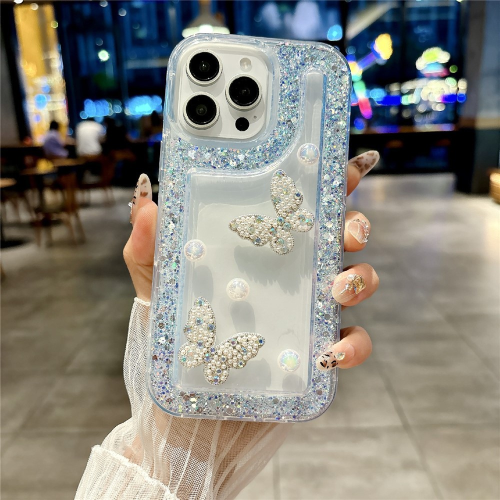 For iPhone 16 Pro Max Case with Case with Pearl Butterfly Decor Glitter Rhinestone Epoxy Design TPU Phone Cover - Purple
