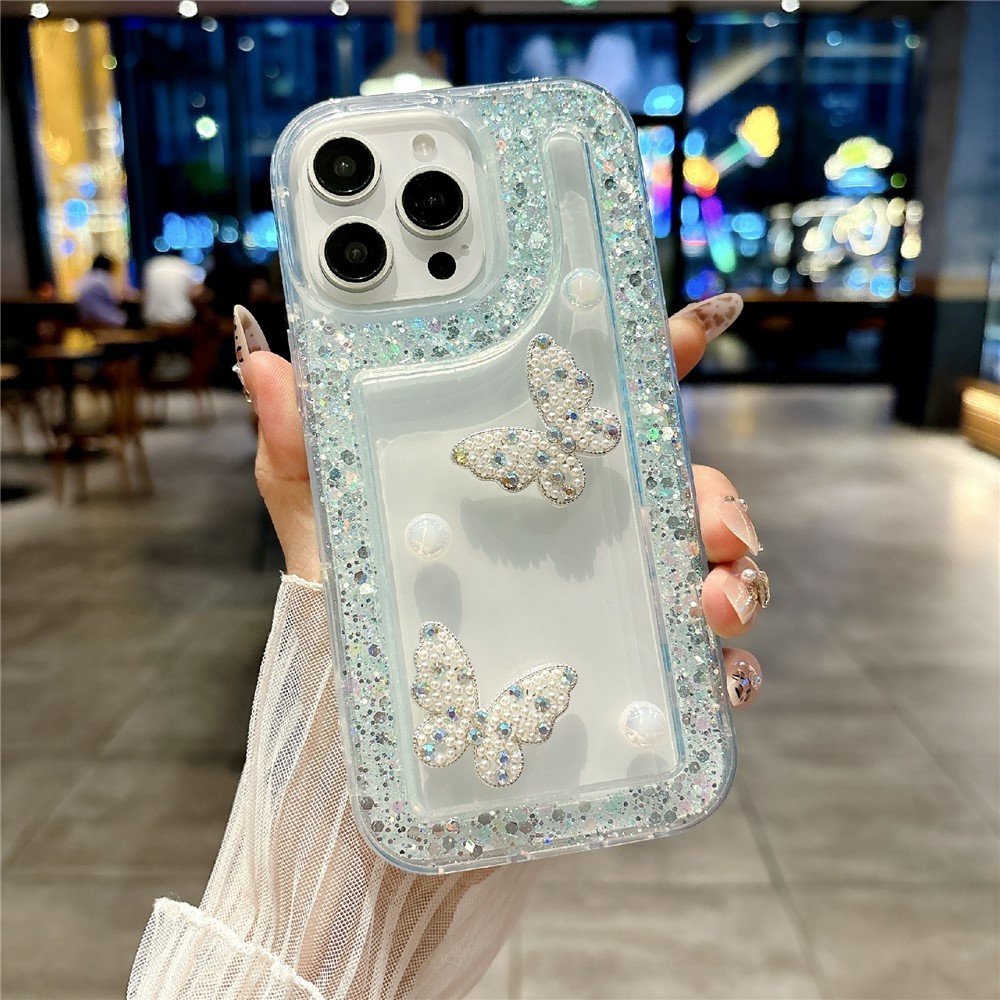For iPhone 16 Pro Max Case with Case with Pearl Butterfly Decor Glitter Rhinestone Epoxy Design TPU Phone Cover - Green