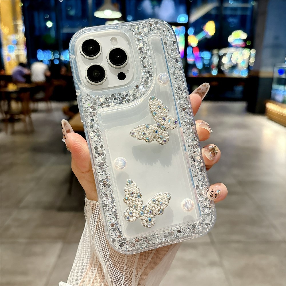 For iPhone 16 Pro Max Case with Case with Pearl Butterfly Decor Glitter Rhinestone Epoxy Design TPU Phone Cover - White