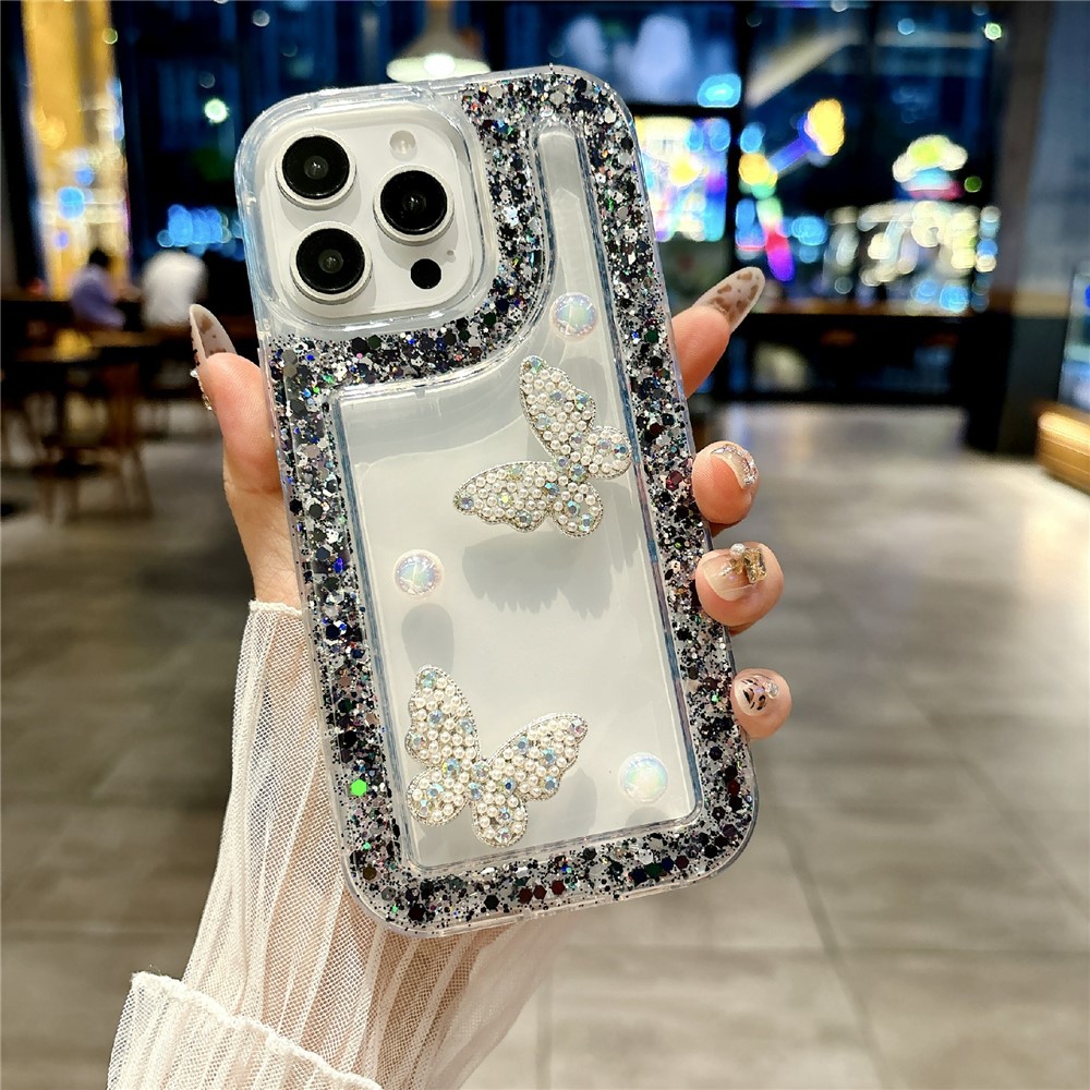 For iPhone 16 Pro Max Case with Case with Pearl Butterfly Decor Glitter Rhinestone Epoxy Design TPU Phone Cover - Black