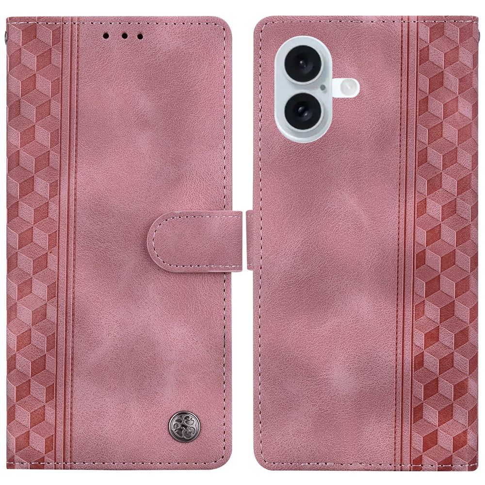 For iPhone 16 Plus Leather Case Imprinted Checkered Pattern Wallet Stand Flip Phone Cover - Pink