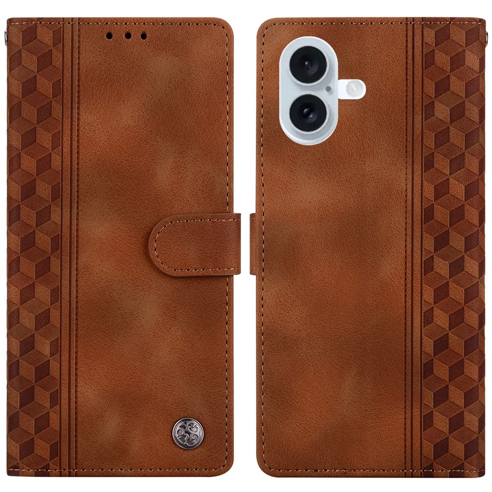For iPhone 16 Plus Leather Case Imprinted Checkered Pattern Wallet Stand Flip Phone Cover - Brown