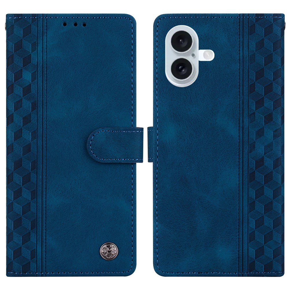 For iPhone 16 Plus Leather Case Imprinted Checkered Pattern Wallet Stand Flip Phone Cover - Blue
