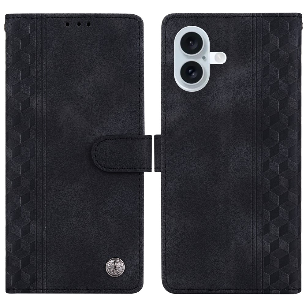 For iPhone 16 Plus Leather Case Imprinted Checkered Pattern Wallet Stand Flip Phone Cover - Black