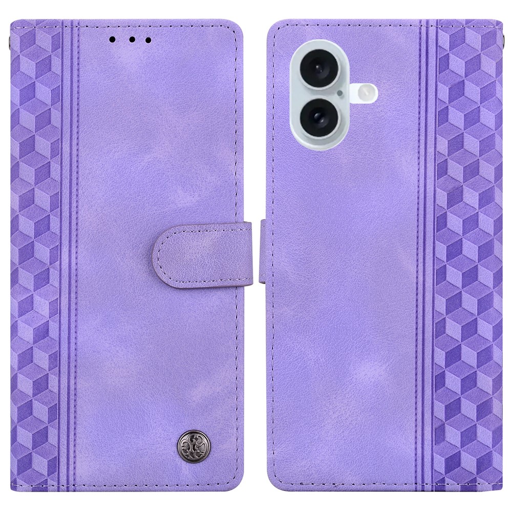 For iPhone 16 Plus Leather Case Imprinted Checkered Pattern Wallet Stand Flip Phone Cover - Purple
