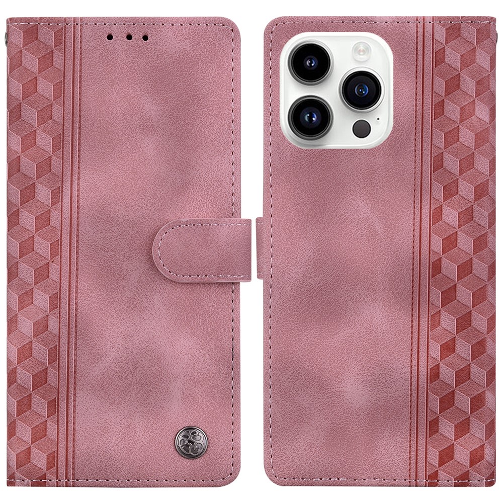 For iPhone 16 Pro Max Leather Case Imprinted Checkered Pattern Wallet Stand Flip Phone Cover - Pink