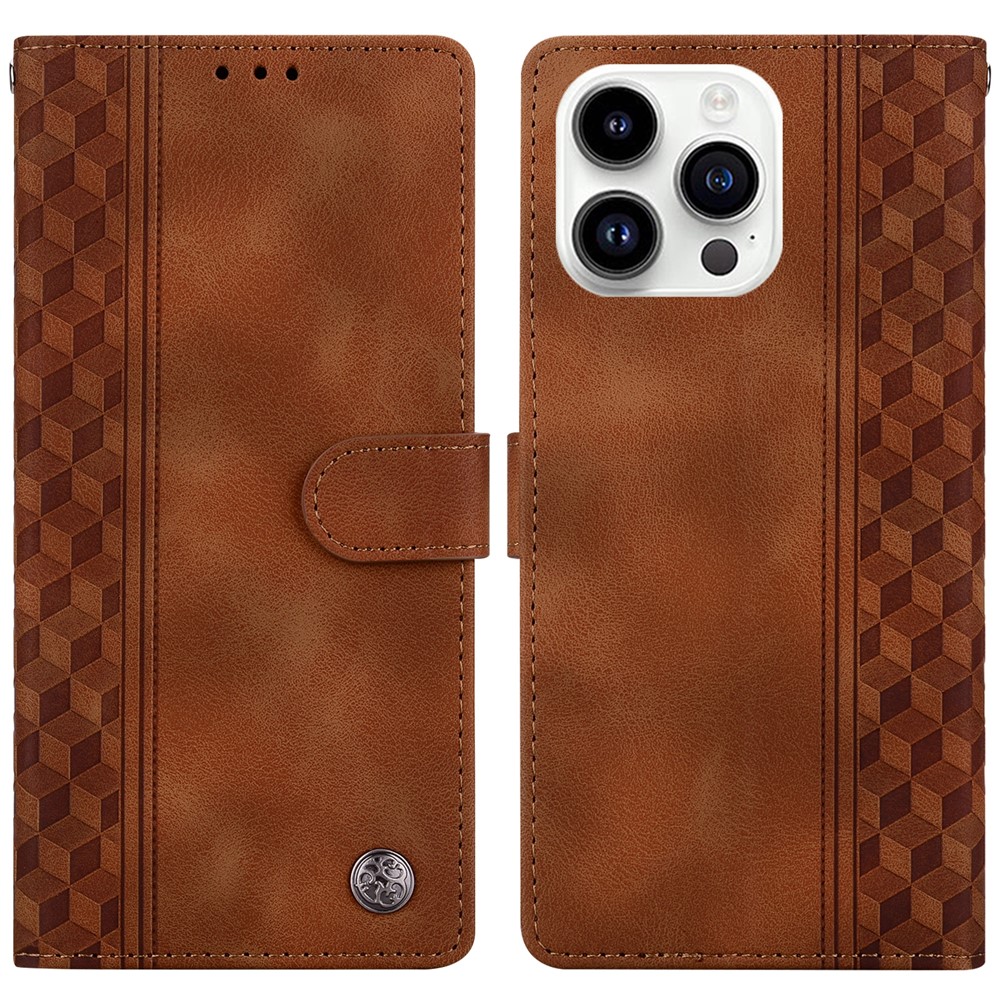 For iPhone 16 Pro Max Leather Case Imprinted Checkered Pattern Wallet Stand Flip Phone Cover - Brown