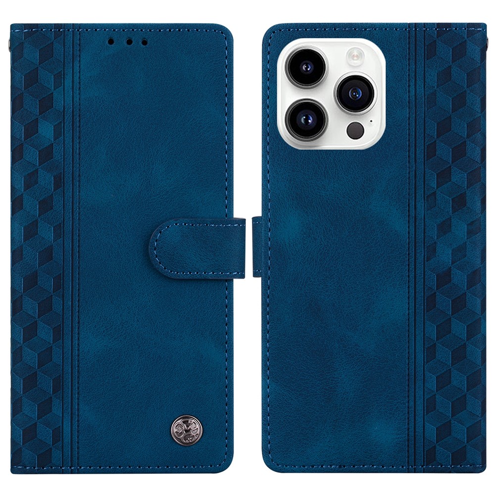 For iPhone 16 Pro Max Leather Case Imprinted Checkered Pattern Wallet Stand Flip Phone Cover - Blue
