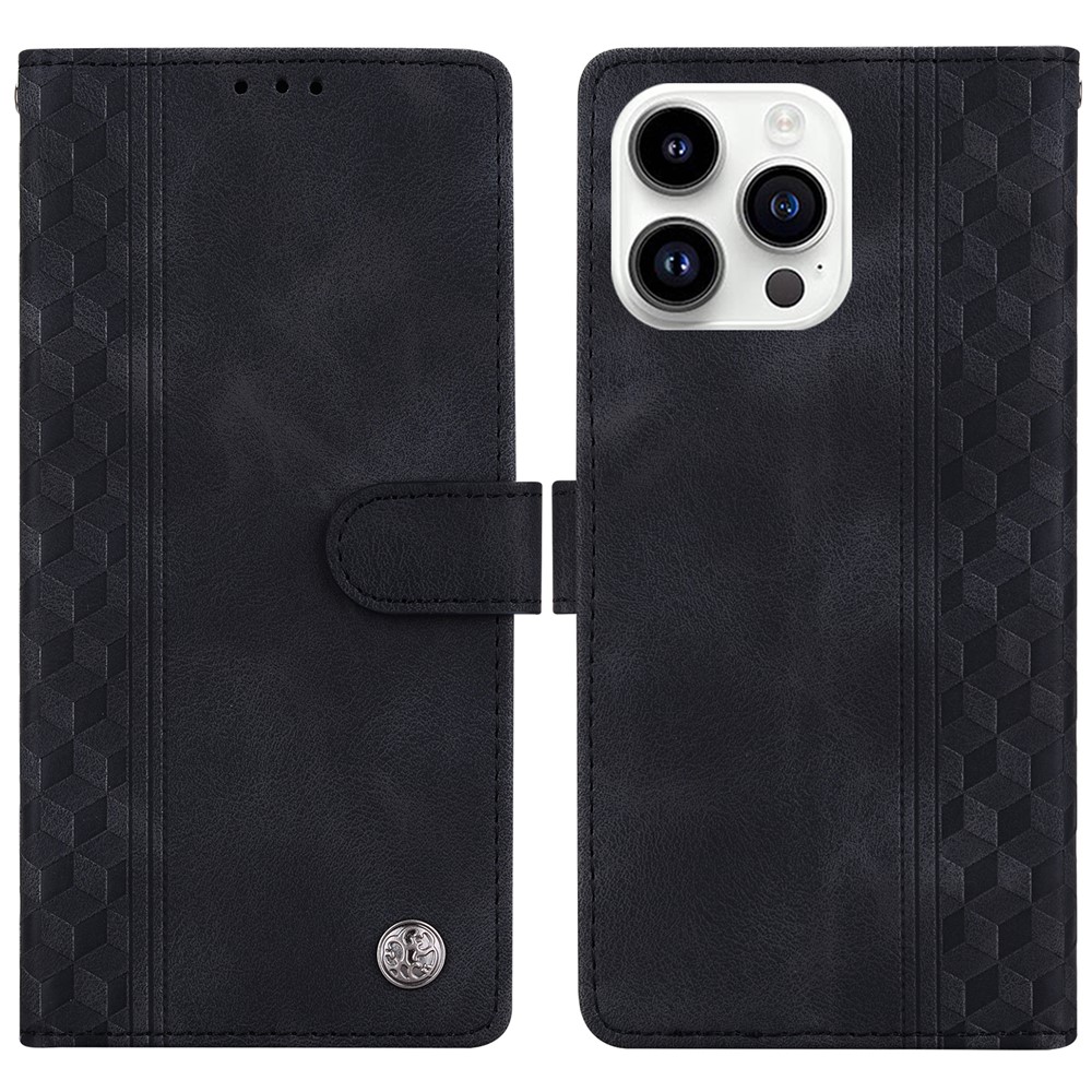 For iPhone 16 Pro Max Leather Case Imprinted Checkered Pattern Wallet Stand Flip Phone Cover - Black
