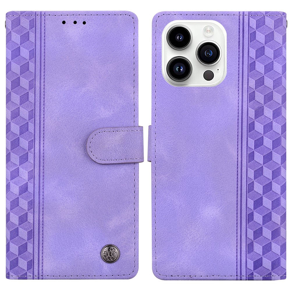 For iPhone 16 Pro Max Leather Case Imprinted Checkered Pattern Wallet Stand Flip Phone Cover - Purple
