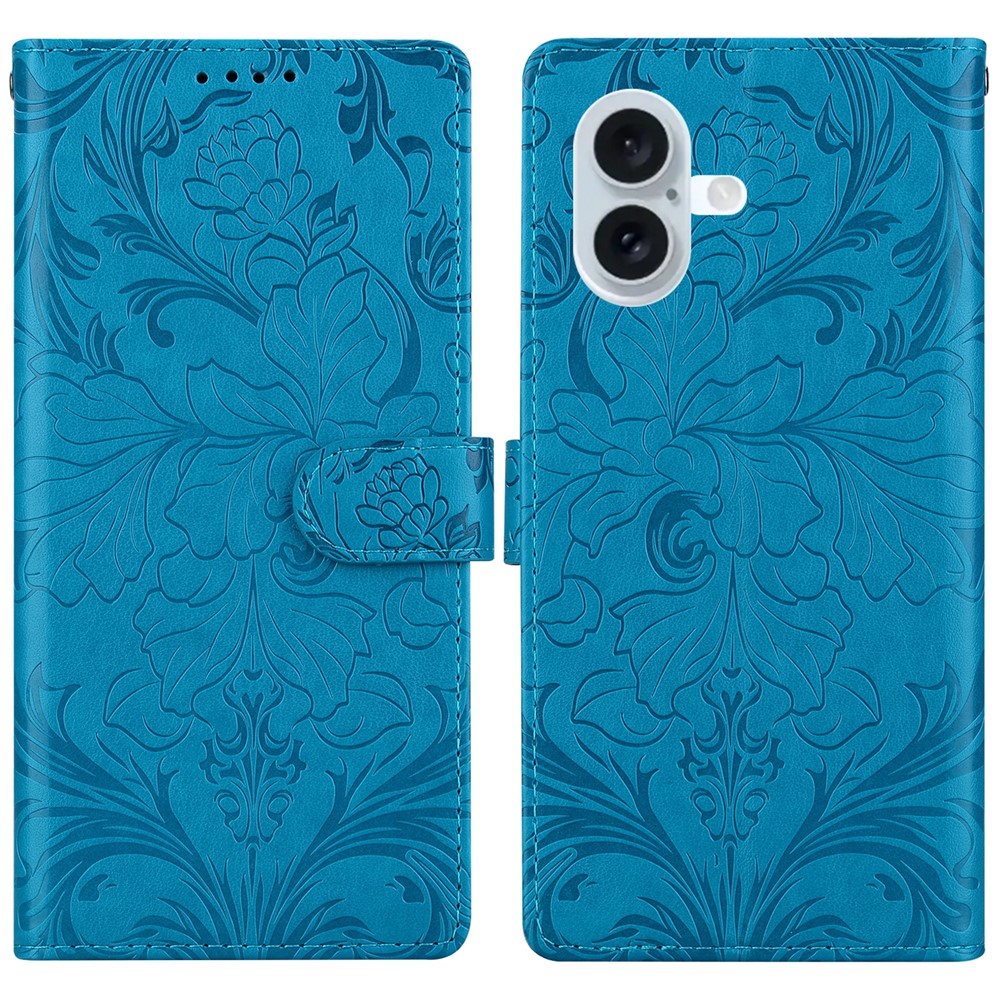 For iPhone 16 Plus Leather Case Imprinted Floral Pattern Wallet Stand Flip Phone Cover - Blue