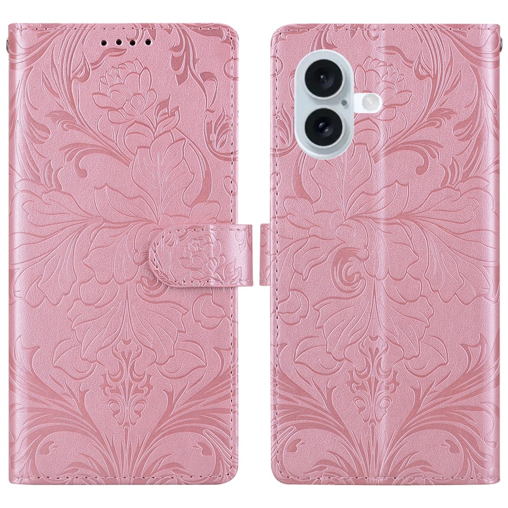 For iPhone 16 Plus Leather Case Imprinted Floral Pattern Wallet Stand Flip Phone Cover - Pink