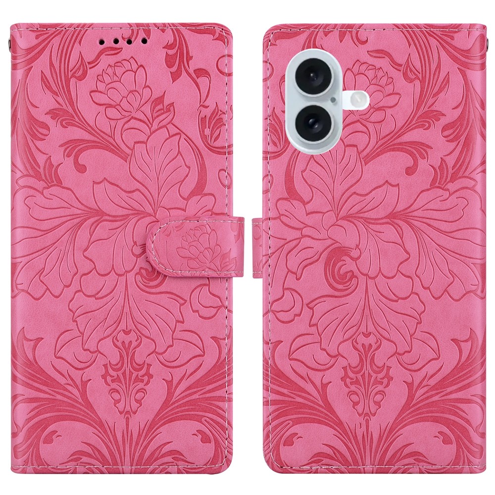 For iPhone 16 Plus Leather Case Imprinted Floral Pattern Wallet Stand Flip Phone Cover - Rose