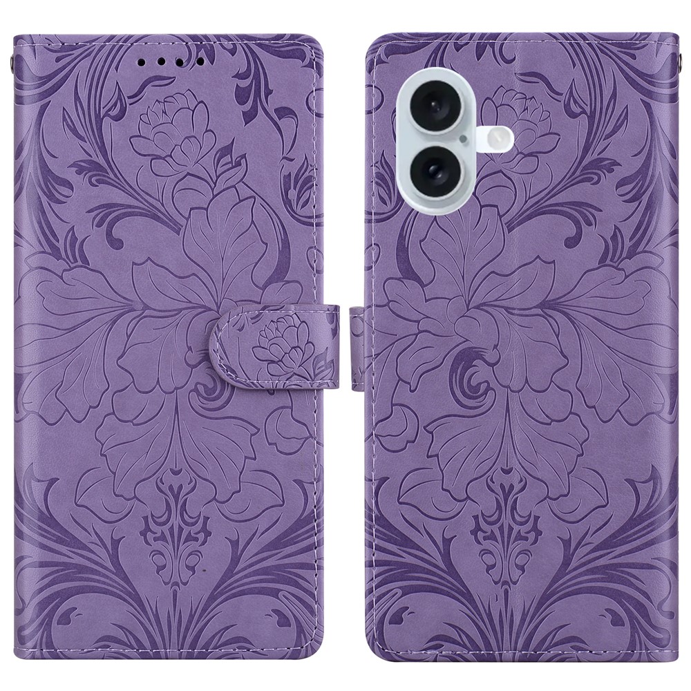 For iPhone 16 Plus Leather Case Imprinted Floral Pattern Wallet Stand Flip Phone Cover - Purple