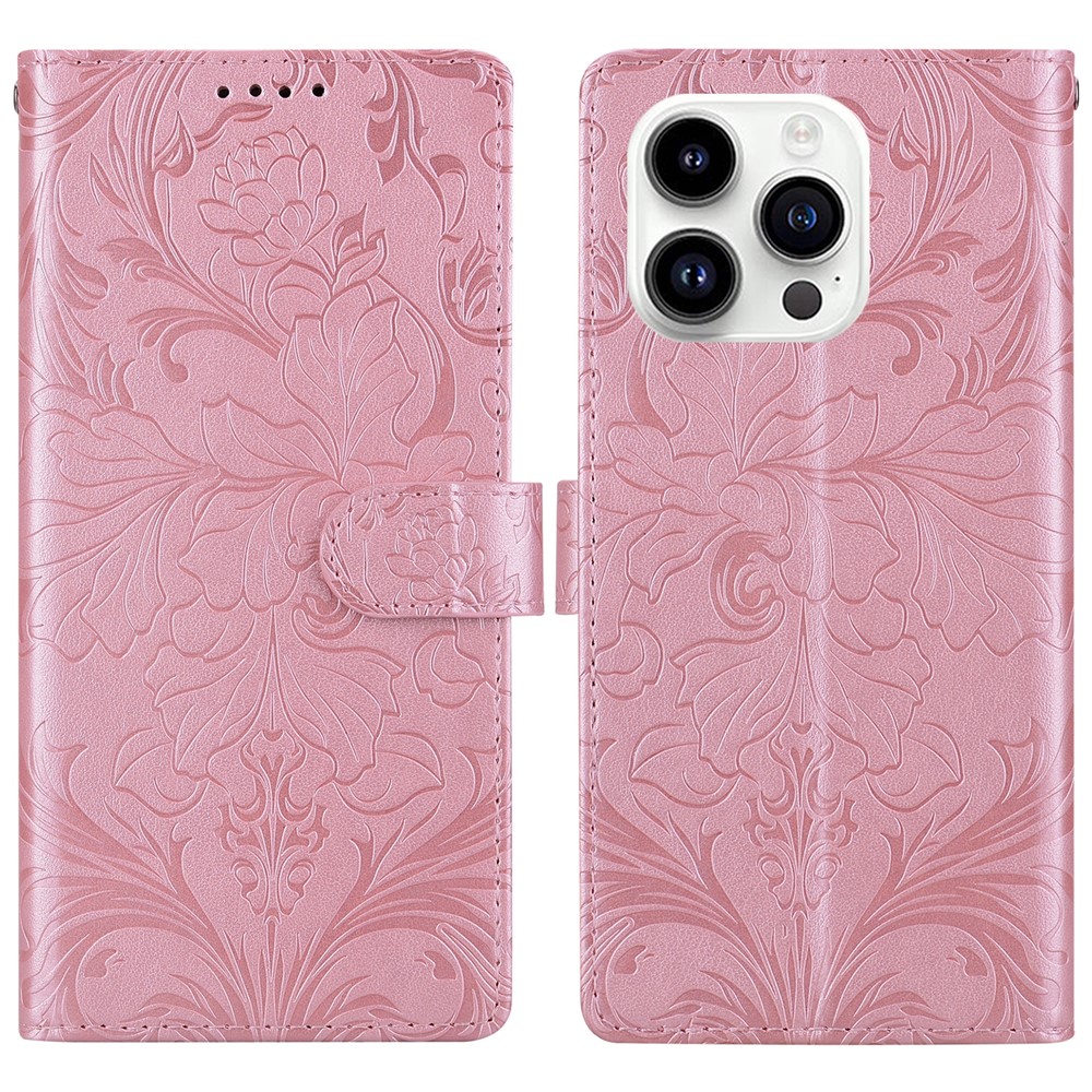 For iPhone 16 Pro Max Leather Case Imprinted Floral Pattern Wallet Stand Flip Phone Cover - Pink