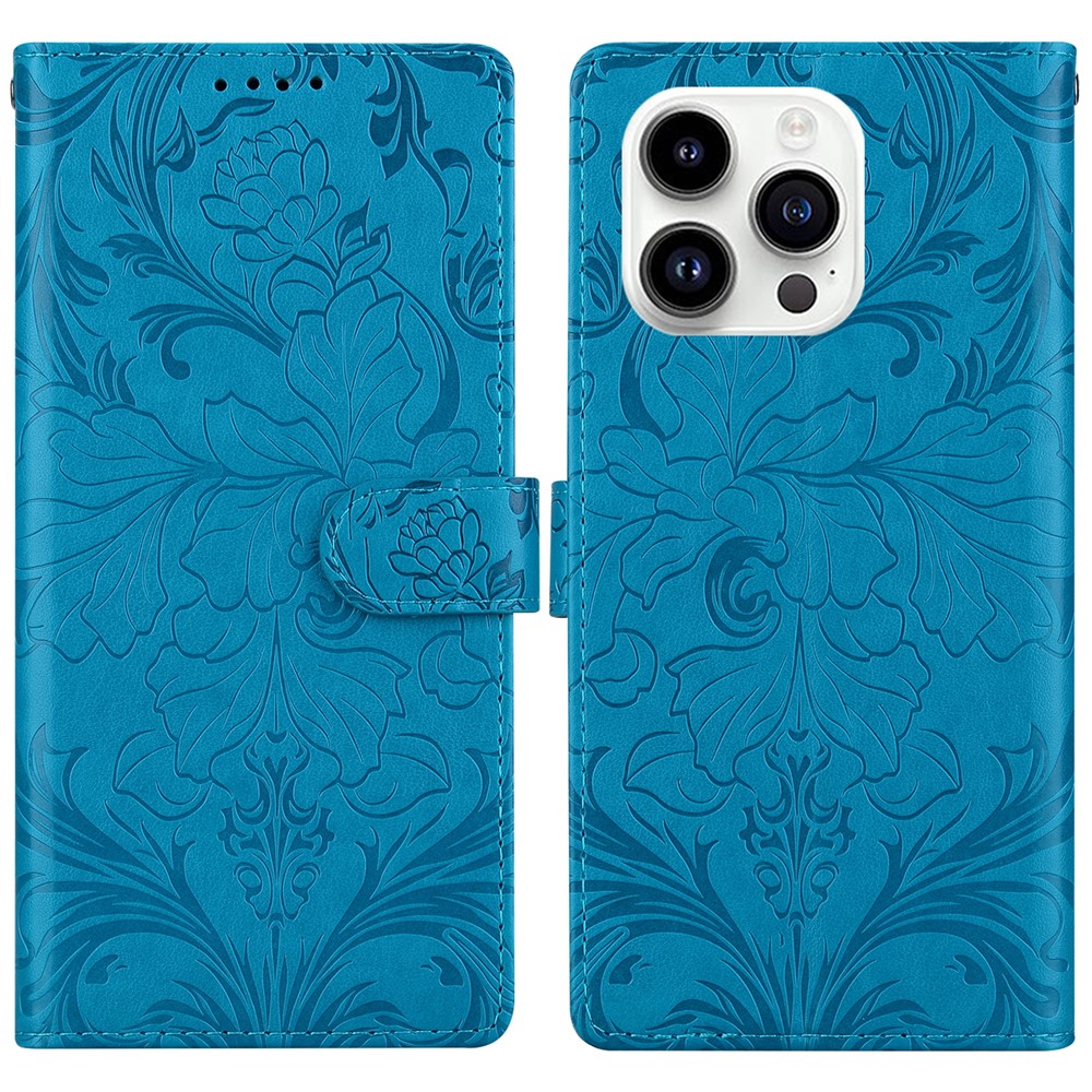 For iPhone 16 Pro Max Leather Case Imprinted Floral Pattern Wallet Stand Flip Phone Cover - Blue