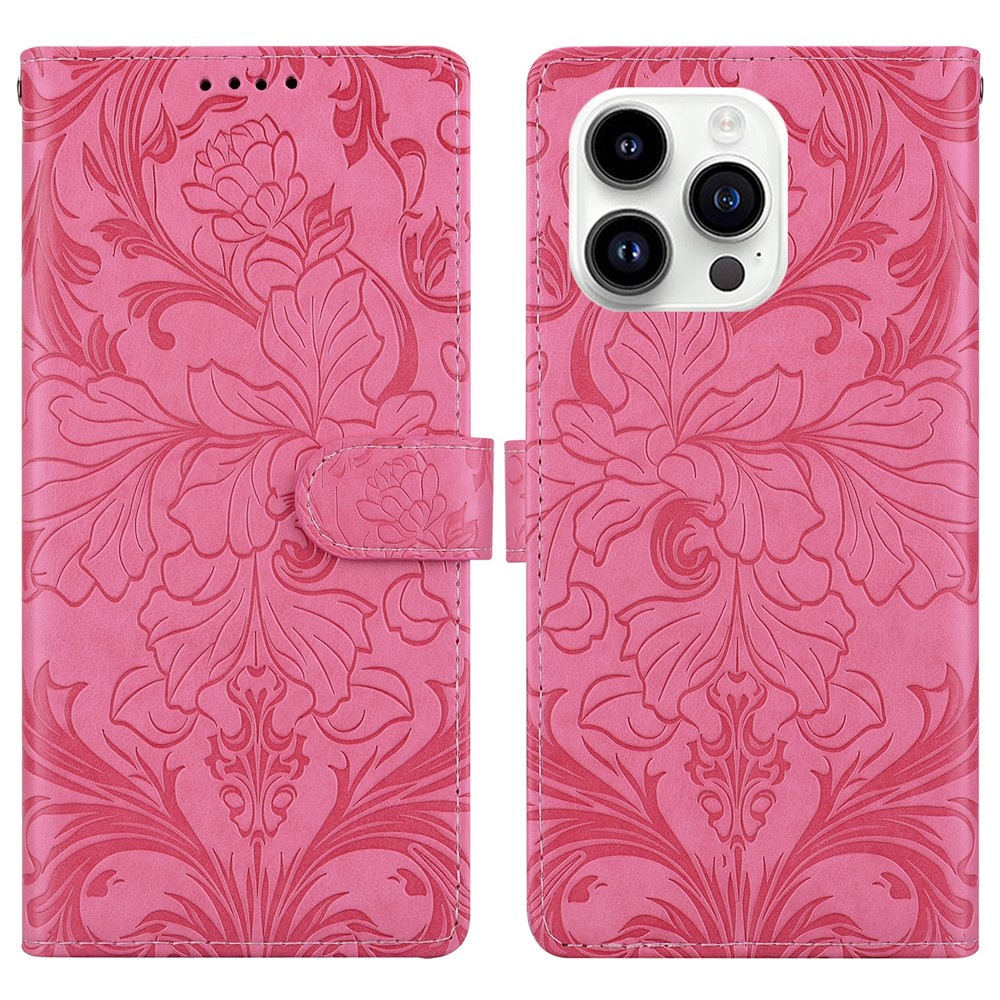 For iPhone 16 Pro Max Leather Case Imprinted Floral Pattern Wallet Stand Flip Phone Cover - Rose