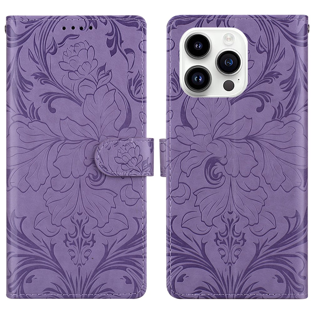 For iPhone 16 Pro Max Leather Case Imprinted Floral Pattern Wallet Stand Flip Phone Cover - Purple
