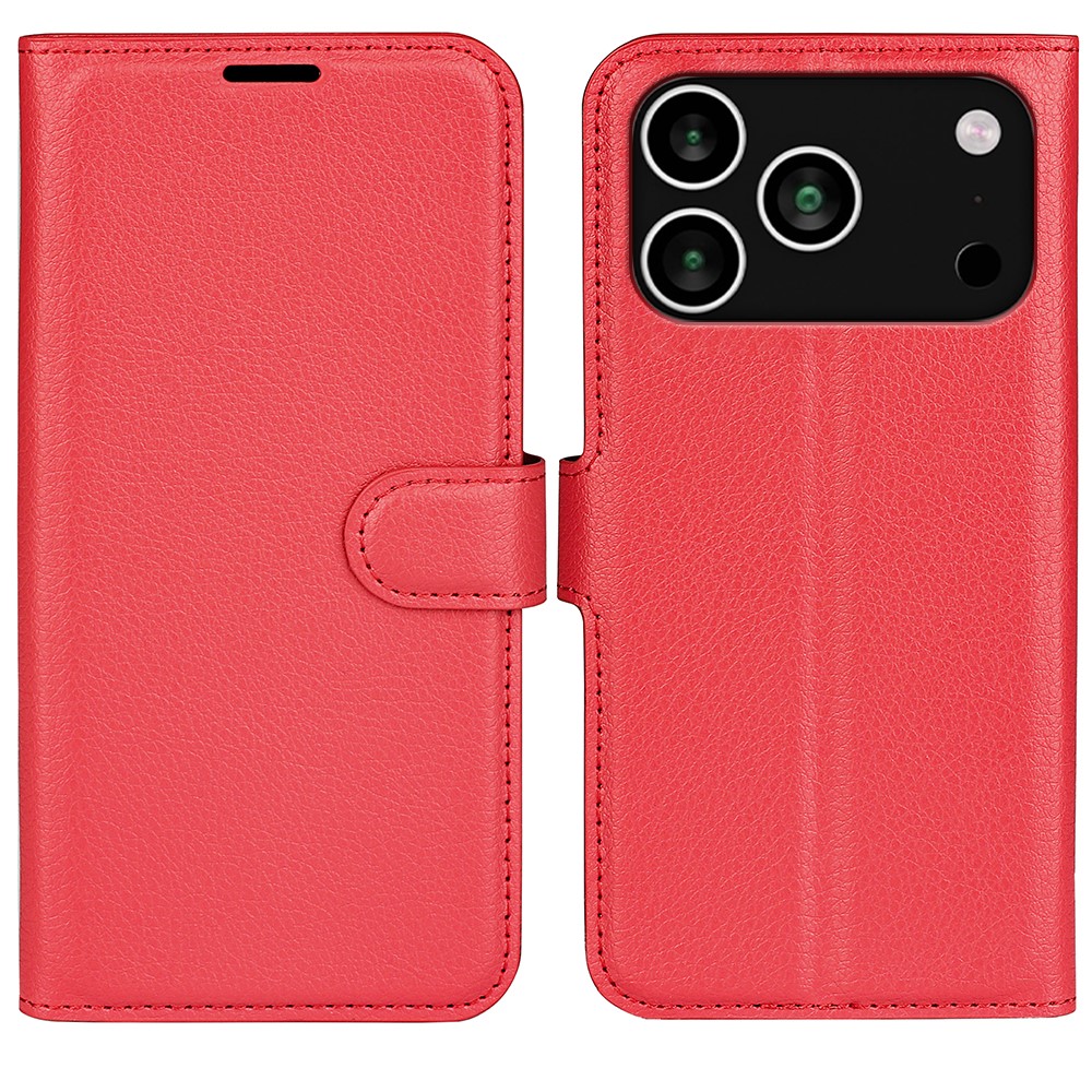 For iPhone 17 Pro Max Case Litchi Texture Shockproof Leather Wallet Phone Cover - Red