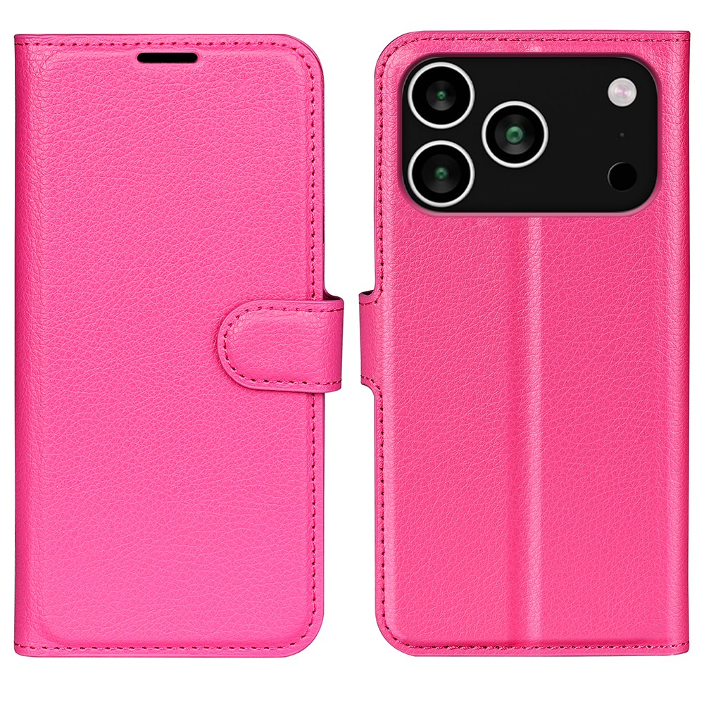 For iPhone 17 Pro Max Case Litchi Texture Shockproof Leather Wallet Phone Cover - Rose Red