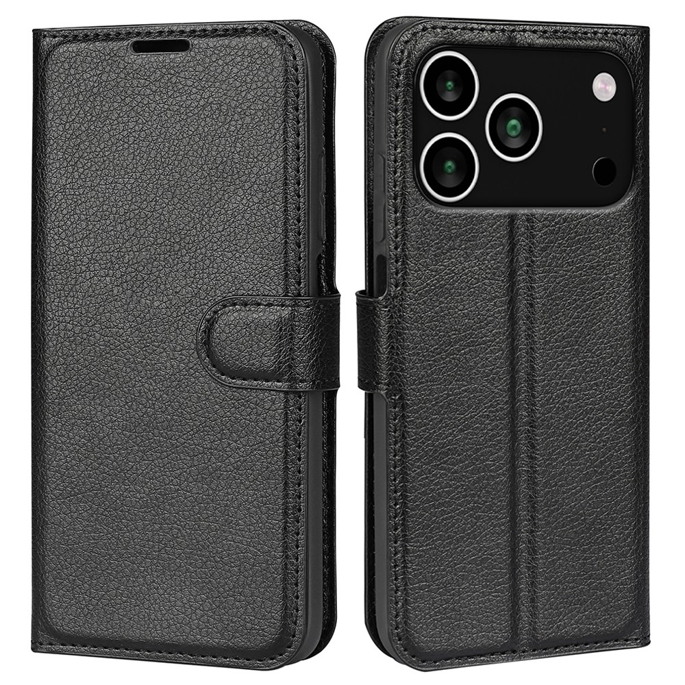 For iPhone 17 Pro Case Litchi Texture Shockproof Leather Wallet Phone Cover - Black