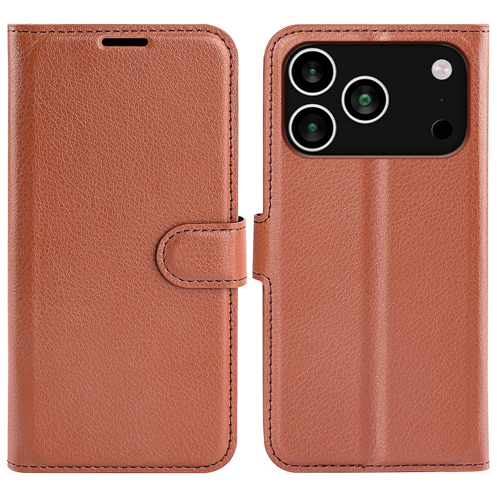 For iPhone 17 Pro Case Litchi Texture Shockproof Leather Wallet Phone Cover - Brown